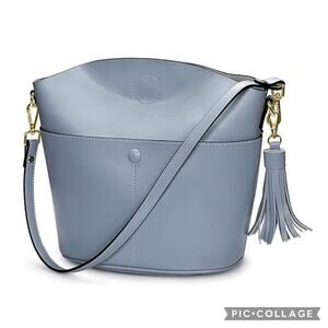 S-ZONE Leather Shoulder Bucket Bag Blue Purse 12”x8”x5” Pockets Classy